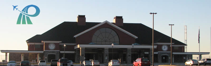 Plattsburgh Airport Terminal and logo in the corner