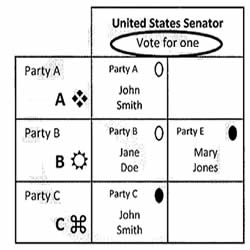 casting a ballot incorrectly - grid with 4 party choices in two columns of names instructions to vote for one and two ovals are filled in next to candidate names
