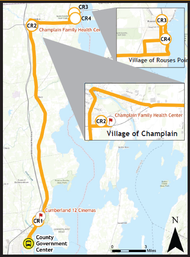 Map showing the bus route between Champlain, NY Rouses Point, NY to the Clinton County Government Center in Plattsburgh, NY