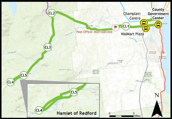 Map showing the route and stops between Clinton County Government Center Plattsburgh, NY and Clayburg, NY