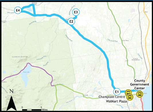 Map showing the road route between Clinton County Government Center Plattsburgh, NY and Ellenburg, NY with stops.