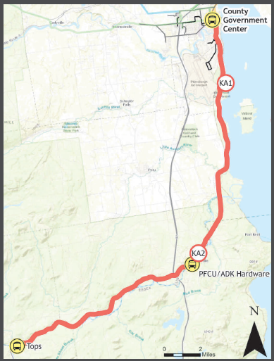 Map highlighting the road for the route and stop from Clinton County Government Center Plattsburgh, NY to Keeseville, NY and AuSable, NY