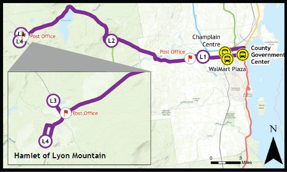 Map showing the road route between Clinton County Government Center Plattsburgh, NY and Lyon Mountain, NY with stops indicated.