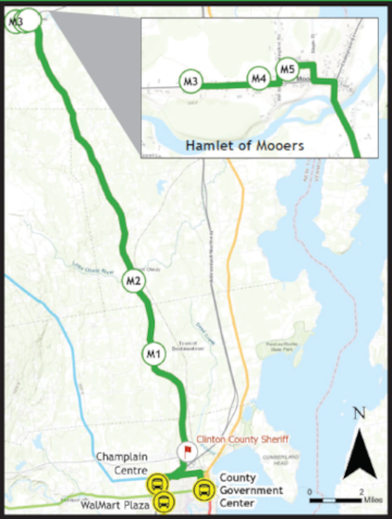 Map that shows the road route from Clinton County Government Center Plattsburgh, NY to Mooers, NY