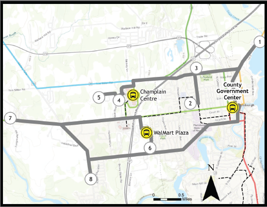 Map of the bus route for the north west side of the City of Plattsburgh, NY