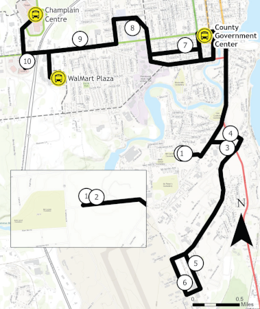 Map of the bus route for the north west side of the City of Plattsburgh, NY