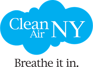 Blue cloud with Clean Air NY inside and Breathe it in. on the bottom
