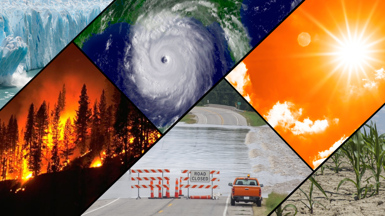 Collage of weather items associated with climate change: a forest fire, melting glacier, flooding, severe weather, drought, and extreme heat.