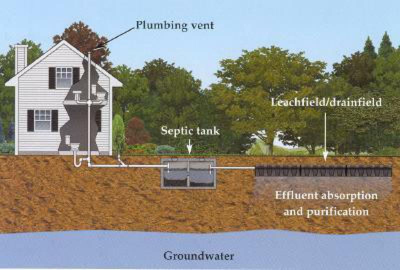 A diagram showing how a septic system works. All drains in the home lead to a central septic tank stored underground away from the home. There is a plumbing vent attached to all the plumbing in the home so any gasses can escape the system. The septic tank then leads to a leach field or drain field. This whole process happens above the water table so that effluent absorption and purification can happen, preventing contamination of the groundwater in the area.