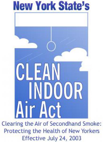 The image contains text stating: New York State's Clean Indoor Air Act. Clearing the air of secondhand smoke: protecting the health of New Yorkers. Effective July 24, 2003. The text is displayed on a background image depicting a cartoon style windown with the blinds almost all the way up. You can see three small clouds outside the window.
