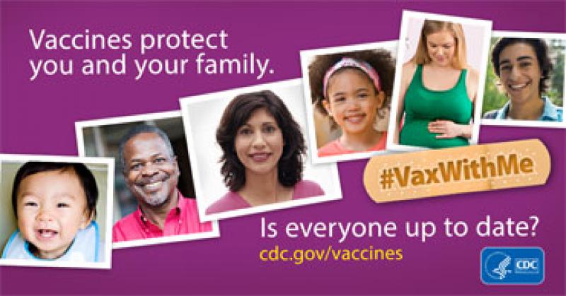 An official post from  the CDC. It reads "Vaccines protect you and your family. Is Everyone up to date? #VaxWithMe cdc.gov/vaccines." The post features six pictures of people from various backgrounds, ages, and ethnicities on a purple background.