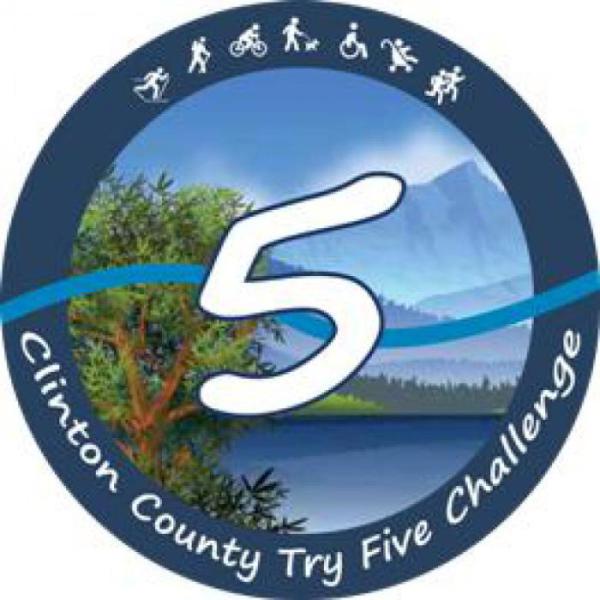 The Clinton County Try 5 seal. It has a large "5" in the center of the image with a pastel drawing of a lake with mountains in the background. "Clinton County Try Five Challenge" is written along the bottom of the seal.