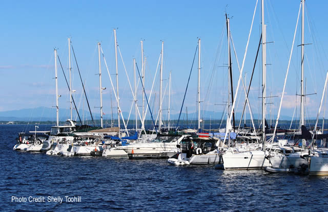 Boat docked at a marina on Lake Champlain