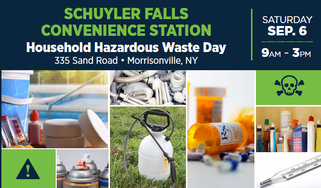 Clinton County Household Hazardous Waste Day Saturday, September 6, 2025 images of chlorine tablets, inflorescent light bulbs, medication, various chemical bottles, thermometer 